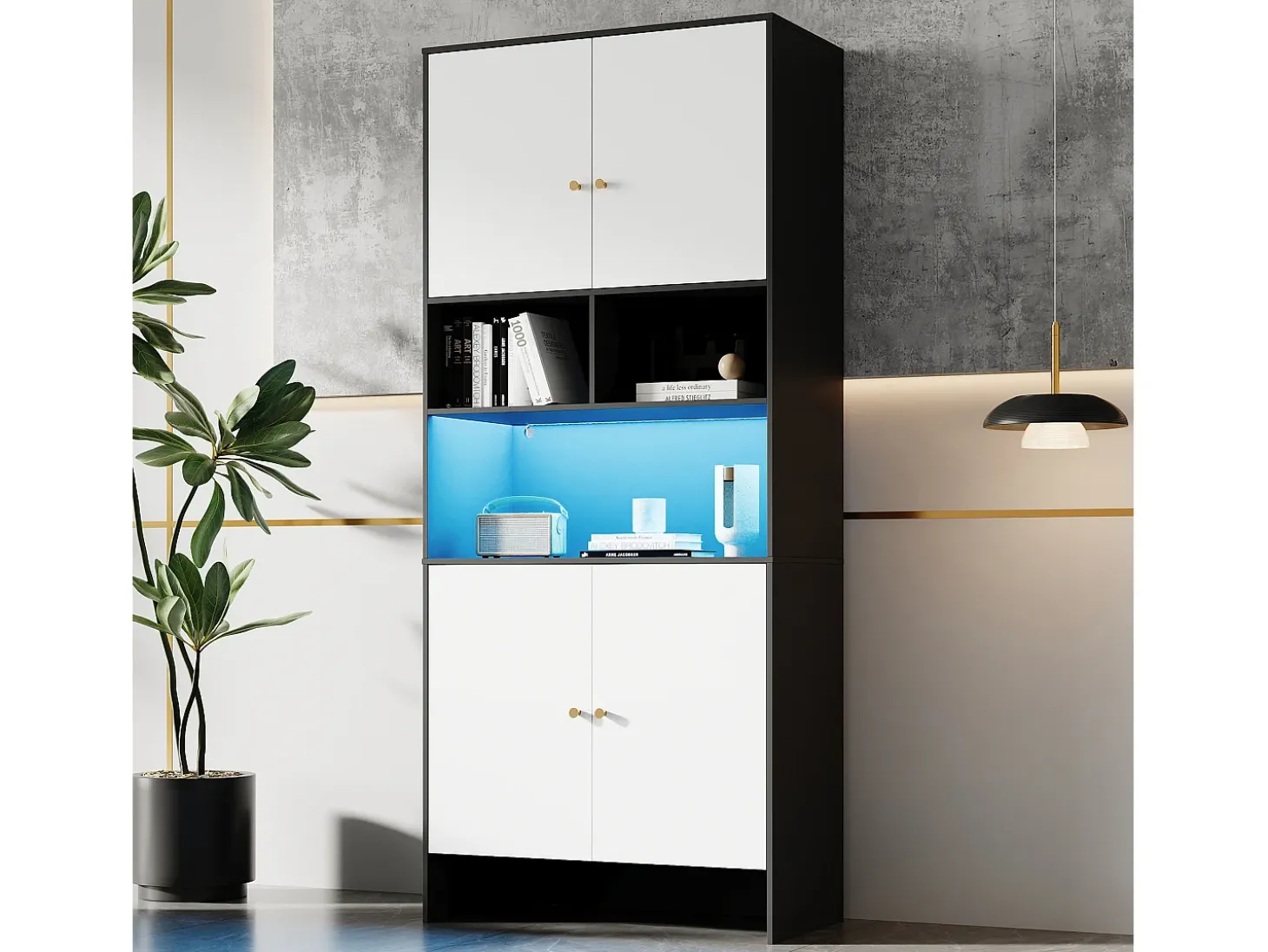 Vitrina 80x40x185cm - con iluminação LED - con 4 portas e 3 compartimentos de armazenamento abertos - Branco + Preto