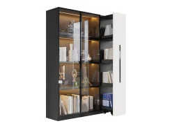 Vitrine 110,5×35×160 cm - 2 portas de vidro - 1 gaveta lateral - com iluminação LED - preto + branco