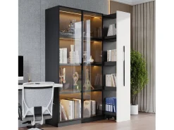 Vitrine 110,5×35×160 cm - 2 portas de vidro - 1 gaveta lateral - com iluminação LED - preto + branco