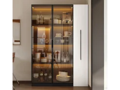 Vitrine 110,5×35×160 cm - 2 portas de vidro - 1 gaveta lateral - com iluminação LED - preto + branco