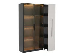 Vitrine 110,5×35×160 cm - 2 portas de vidro - 1 gaveta lateral - com iluminação LED - preto + branco