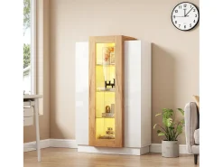 Vitrine 74×40×120 cm - com 3 portas - com iluminação LED - com prateleiras de vidro - branco + natural