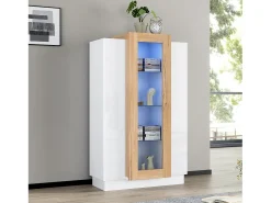 Vitrine 74×40×120 cm - com 3 portas - com iluminação LED - com prateleiras de vidro - branco + natural