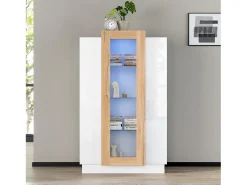 Vitrine 74×40×120 cm - com 3 portas - com iluminação LED - com prateleiras de vidro - branco + natural