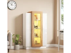 Vitrine 74×40×120 cm - com 3 portas - com iluminação LED - com prateleiras de vidro - branco + natural