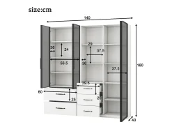 Vitrine 140×40×160 cm - com iluminação LED - 3 portas de vidro - 5 gavetas - branco