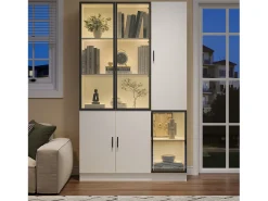 Vitrine 120×35×200 cm - portas envidraçadas - 6 portas - com iluminação LED - painel de partículas + vidro temperado - branco