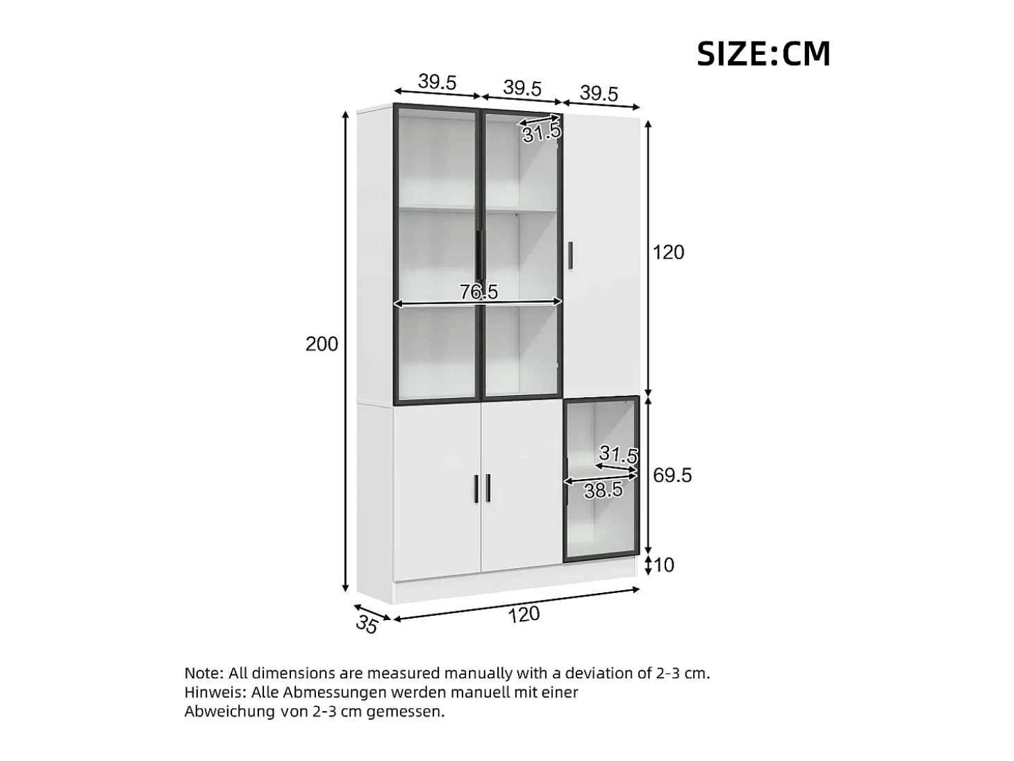 Vitrine 120×35×200 cm - portas envidraçadas - 6 portas - com iluminação LED - painel de partículas + vidro temperado - branco