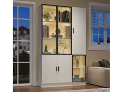 Vitrine 120×35×200 cm - portas envidraçadas - 6 portas - com iluminação LED - painel de partículas + vidro temperado - branco