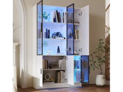 Vitrine 120×35×200 cm - portas envidraçadas - 6 portas - com iluminação LED - painel de partículas + vidro temperado - branco