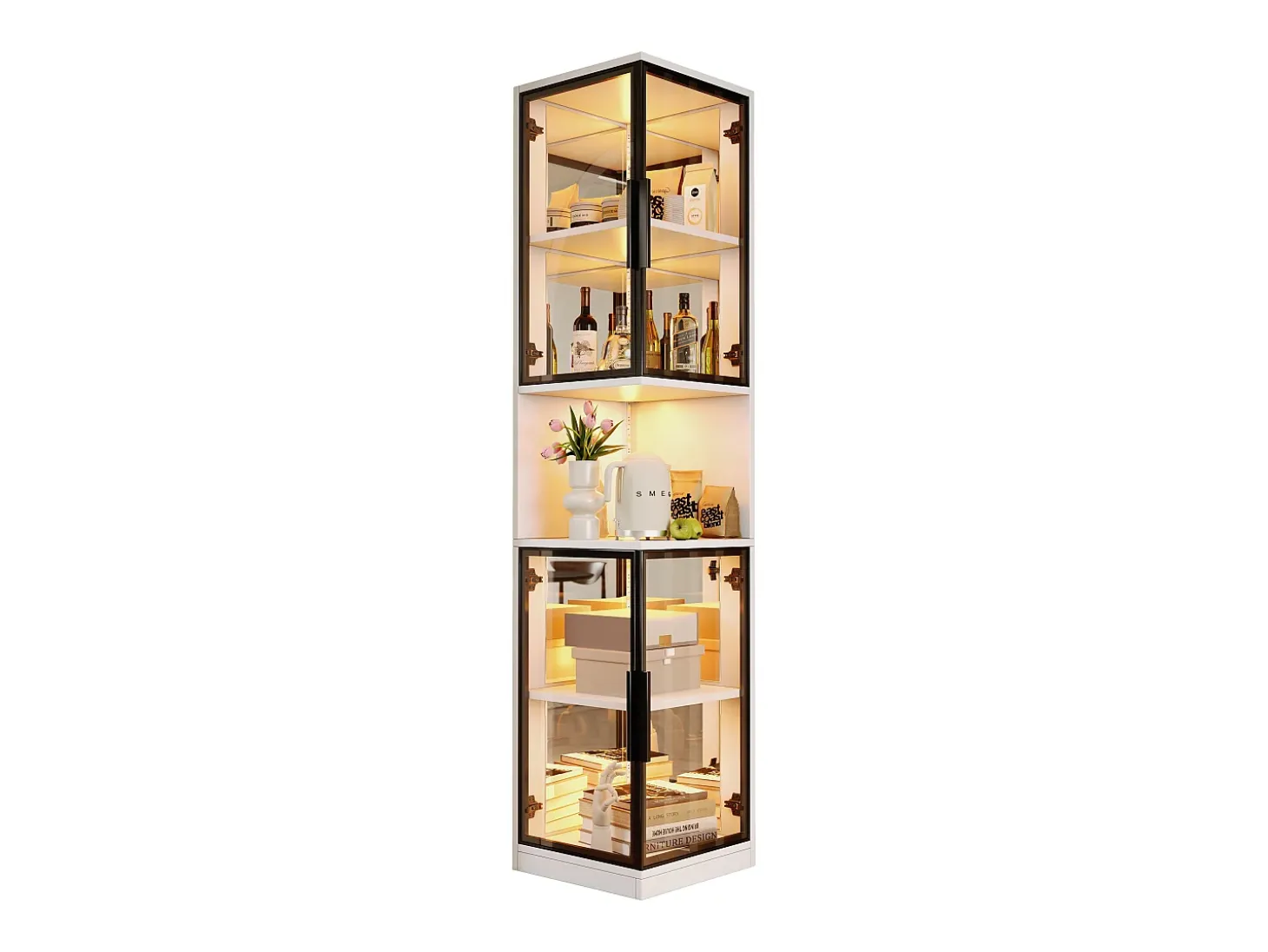 Vitrine 205 cm de altura - Iluminação LED - 4 portas de vidro - Fundo espelho - Armazenamento aberto - Painéis de partículas - Branc