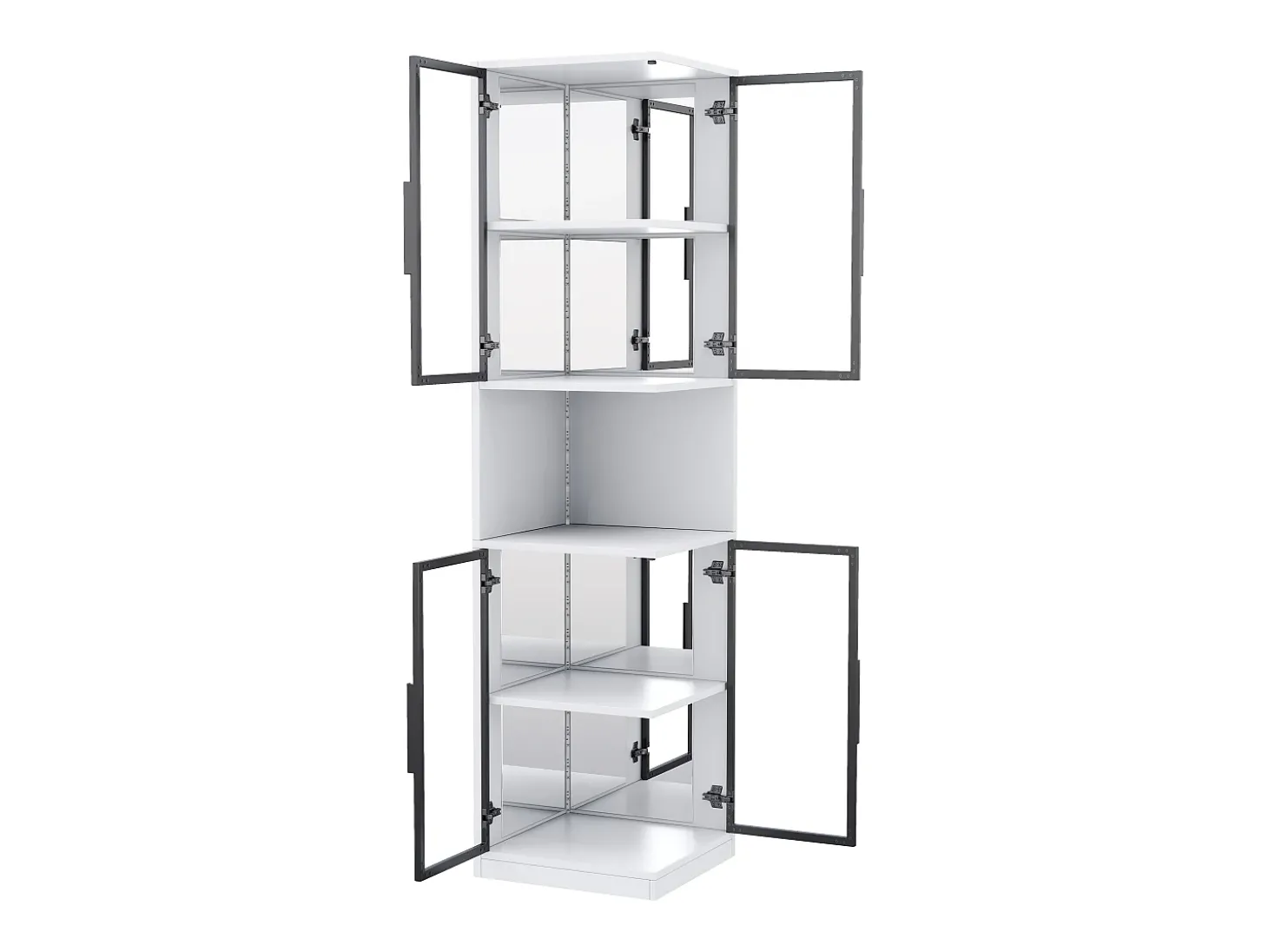 Vitrine 205 cm de altura - Iluminação LED - 4 portas de vidro - Fundo espelho - Armazenamento aberto - Painéis de partículas - Branc