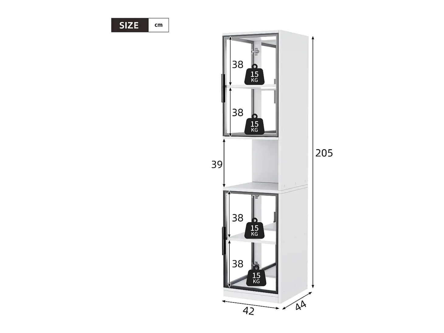 Vitrine 205 cm de altura - Iluminação LED - 4 portas de vidro - Fundo espelho - Armazenamento aberto - Painéis de partículas - Branc