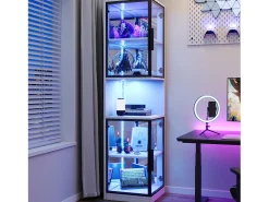 Vitrine 205 cm de altura - Iluminação LED - 4 portas de vidro - Fundo espelho - Armazenamento aberto - Painéis de partículas - Branc
