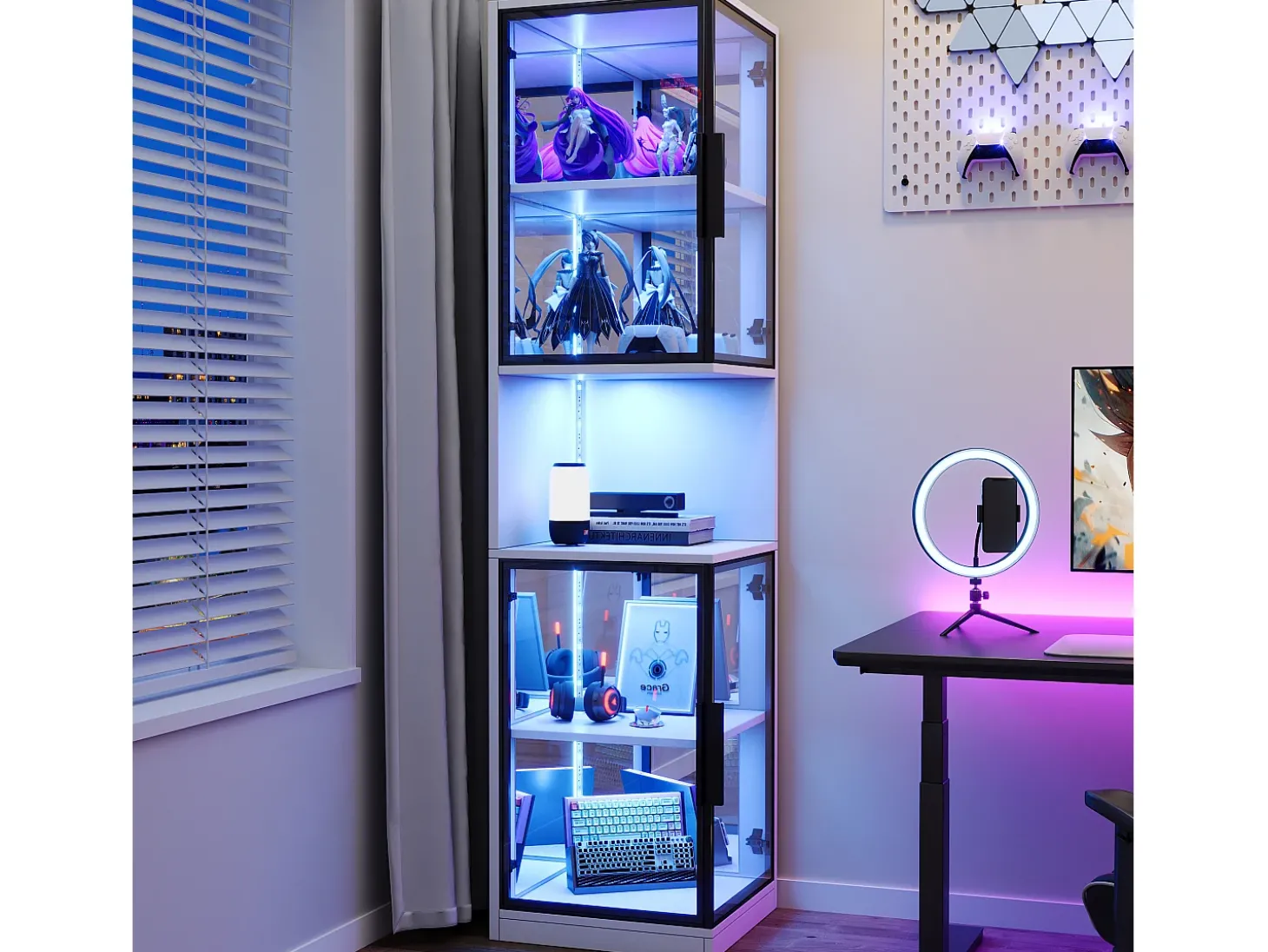 Vitrine 205 cm de altura - Iluminação LED - 4 portas de vidro - Fundo espelho - Armazenamento aberto - Painéis de partículas - Branc