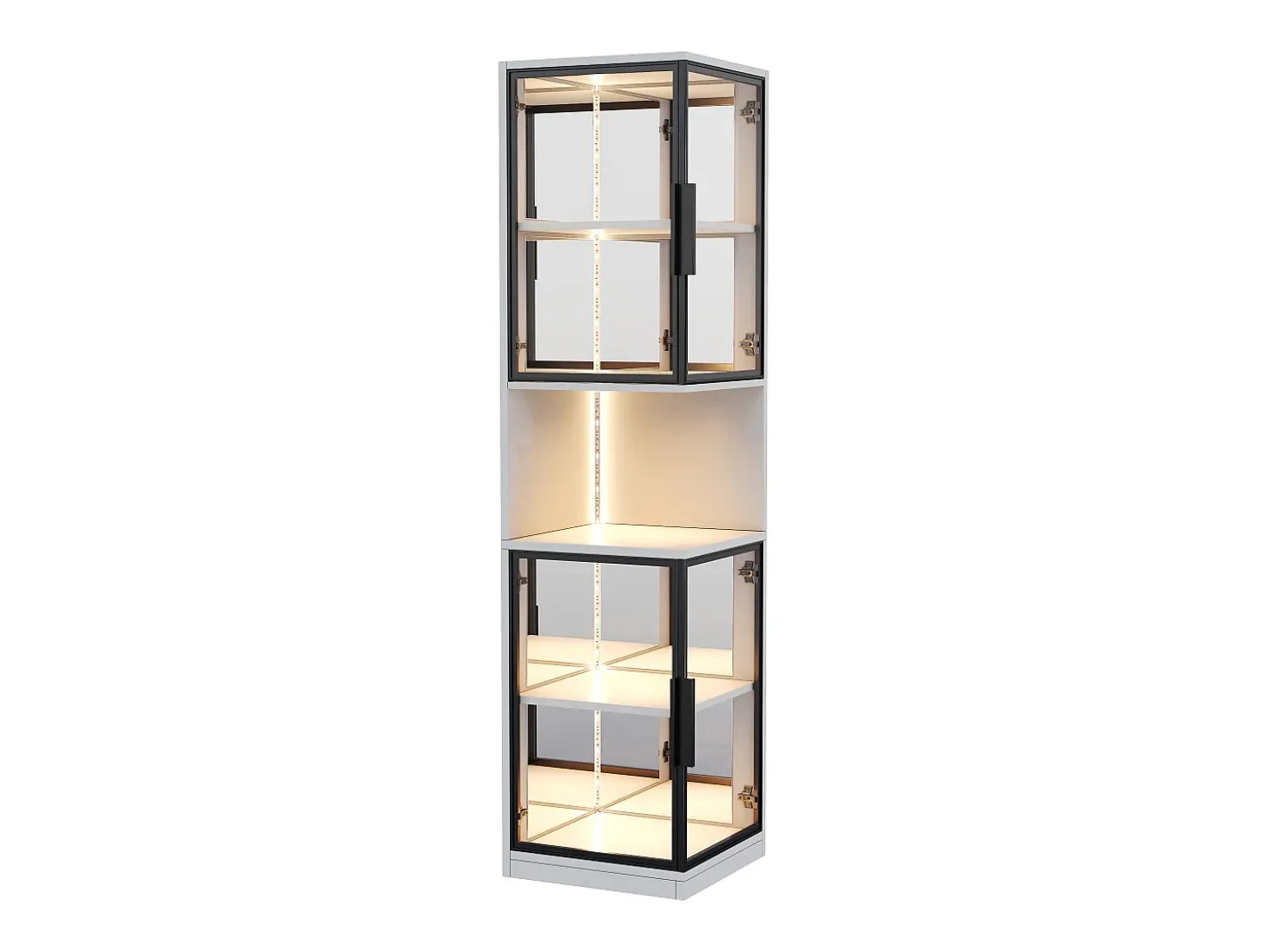 Vitrine 205 cm de altura - Iluminação LED - 4 portas de vidro - Fundo espelho - Armazenamento aberto - Painéis de partículas - Branc