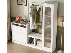 Vitrine 1 porta de vidro 6 em 1 - com LED, Espelho, móvel de sapatos de abater, penteadeira, 2 gavetas - 163x35x161cm