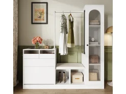 Vitrine 1 porta de vidro 6 em 1 - com LED, Espelho, móvel de sapatos de abater, penteadeira, 2 gavetas - 163x35x161cm