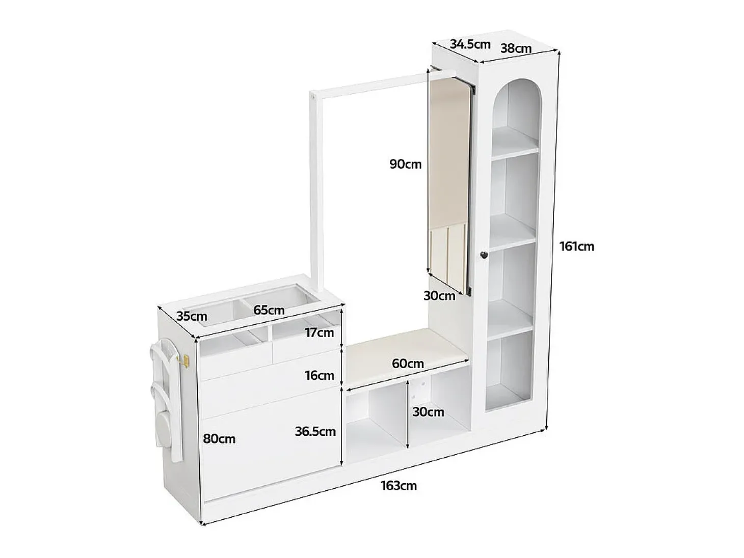 Vitrine 1 porta de vidro 6 em 1 - com LED, Espelho, móvel de sapatos de abater, penteadeira, 2 gavetas - 163x35x161cm