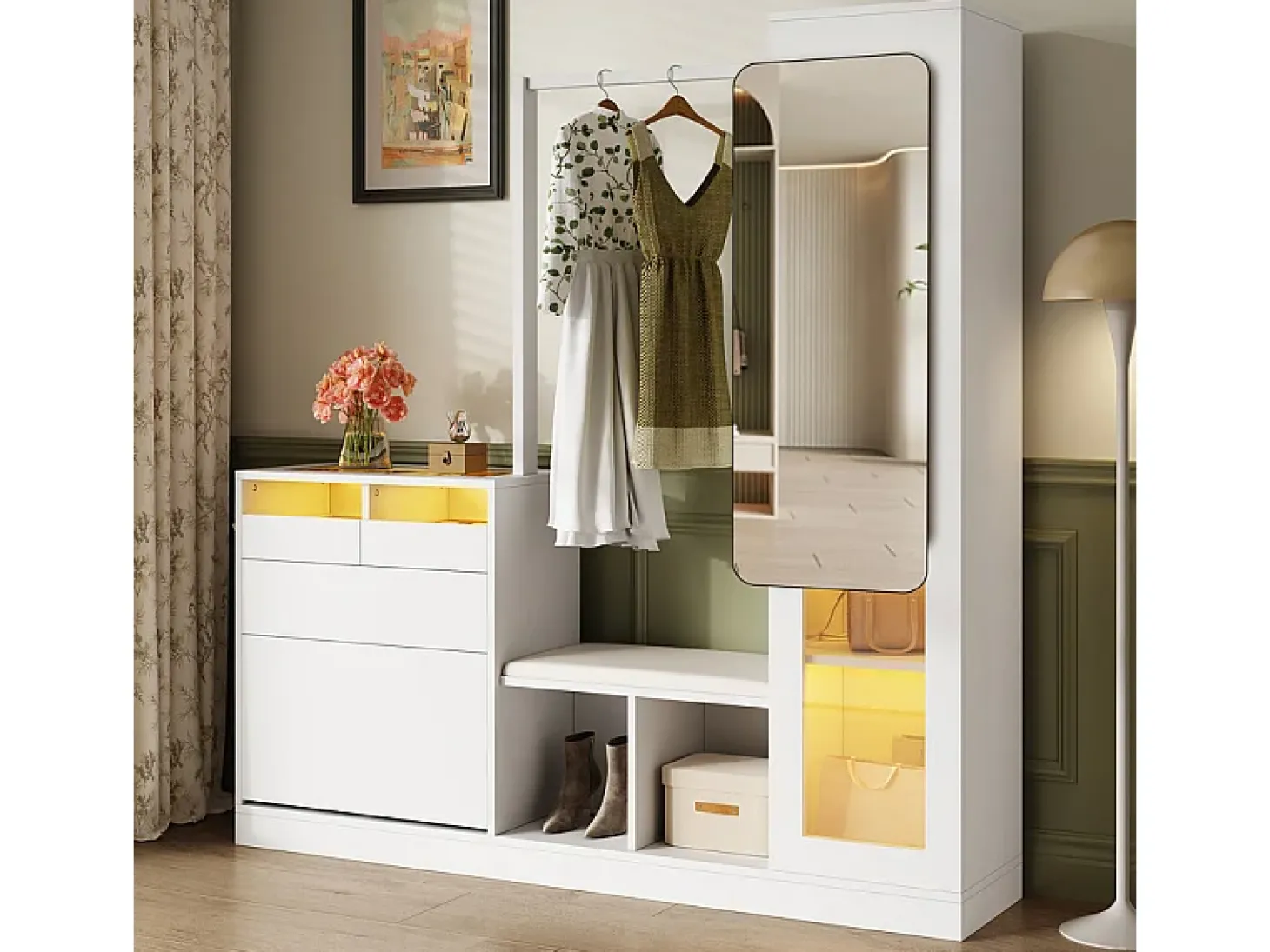 Vitrine 1 porta de vidro 6 em 1 - com LED, Espelho, móvel de sapatos de abater, penteadeira, 2 gavetas - 163x35x161cm