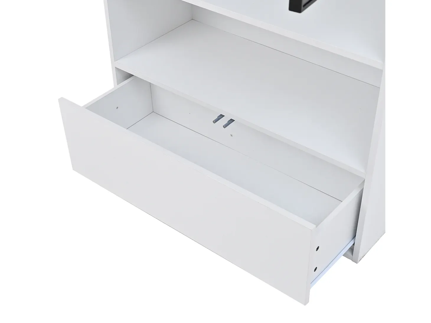 Vitrine alta branca de 80x34x180 cm com gaveta, portas de vidro e iluminação LED.