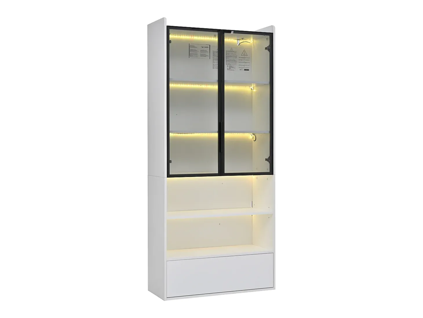Vitrine alta branca de 80x34x180 cm com gaveta, portas de vidro e iluminação LED.