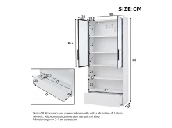 Vitrine alta branca de 80x34x180 cm com gaveta, portas de vidro e iluminação LED.