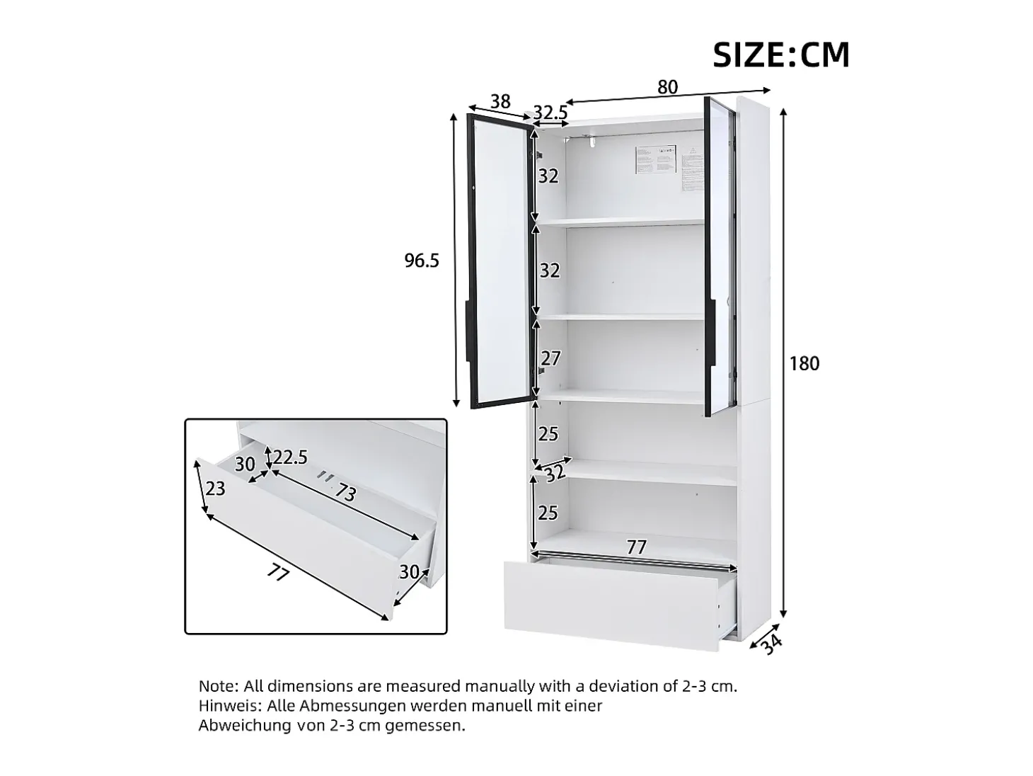 Vitrine alta branca de 80x34x180 cm com gaveta, portas de vidro e iluminação LED.
