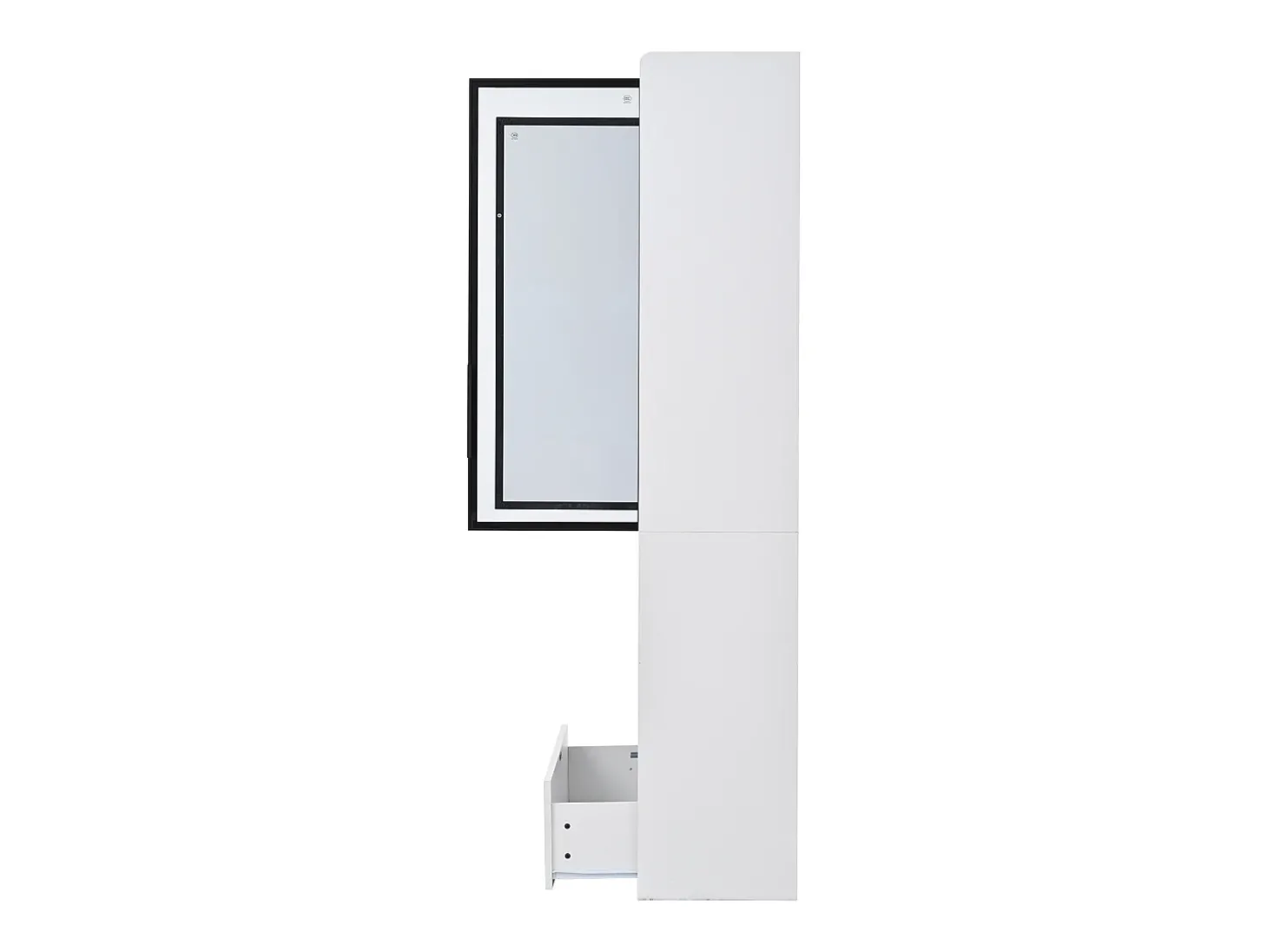 Vitrine alta branca de 80x34x180 cm com gaveta, portas de vidro e iluminação LED.