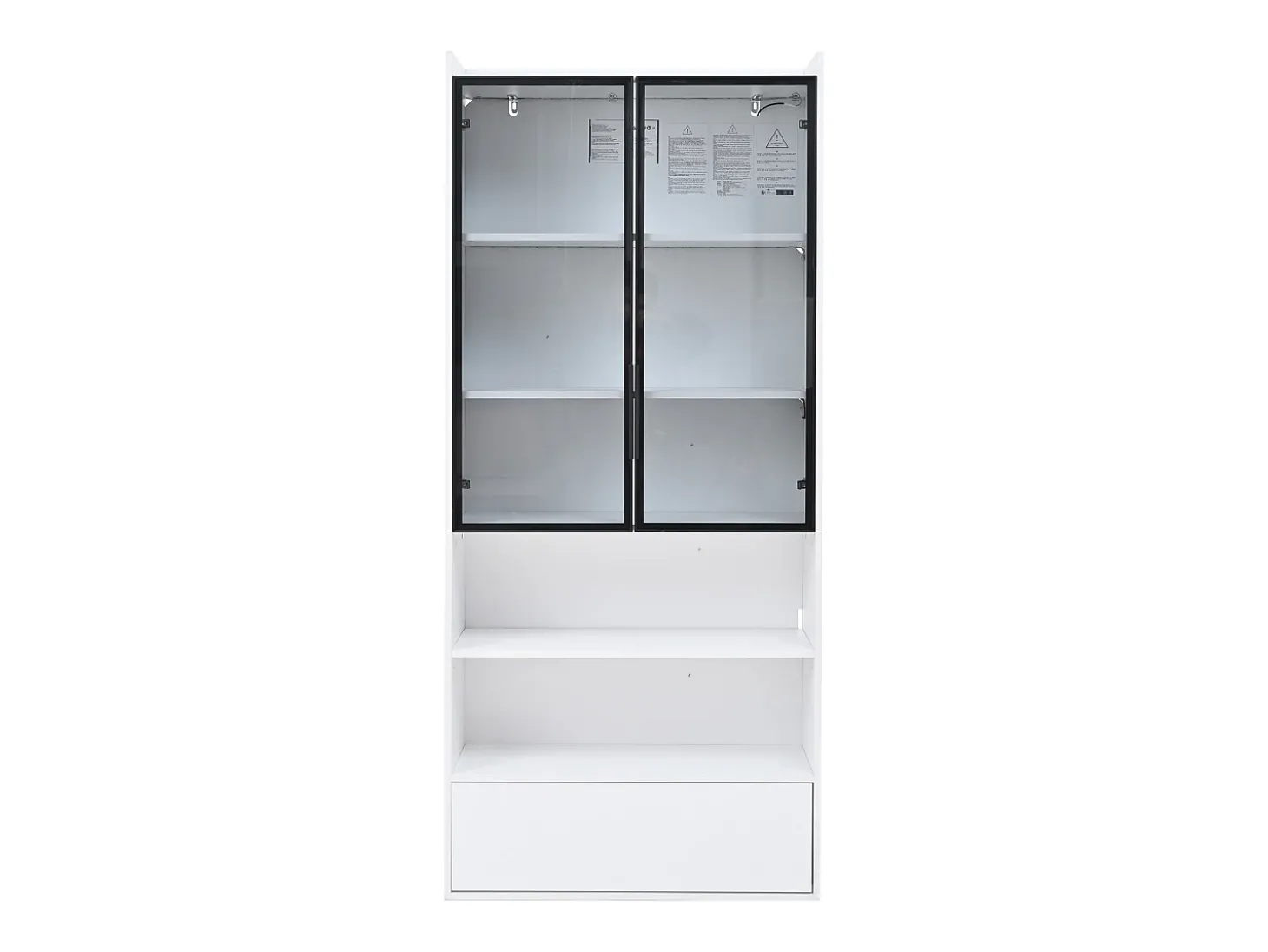 Vitrine alta branca de 80x34x180 cm com gaveta, portas de vidro e iluminação LED.