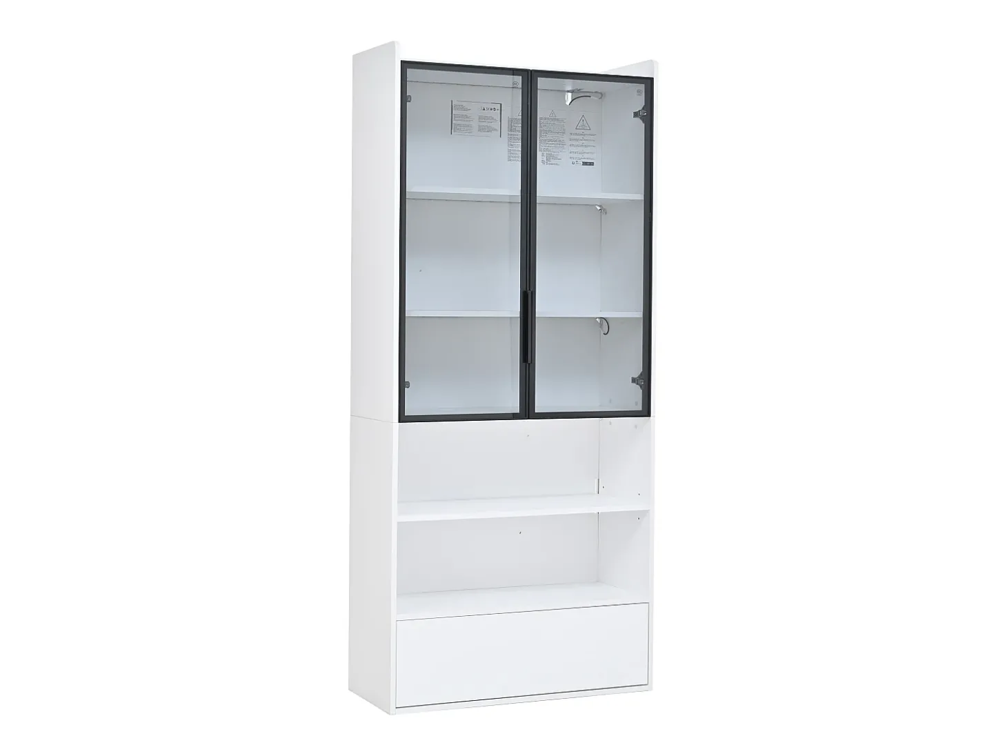 Vitrine alta branca de 80x34x180 cm com gaveta, portas de vidro e iluminação LED.