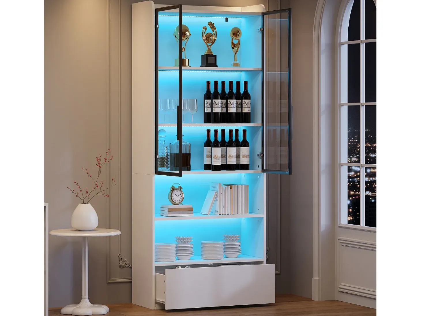 Vitrine alta branca de 80x34x180 cm com gaveta, portas de vidro e iluminação LED.