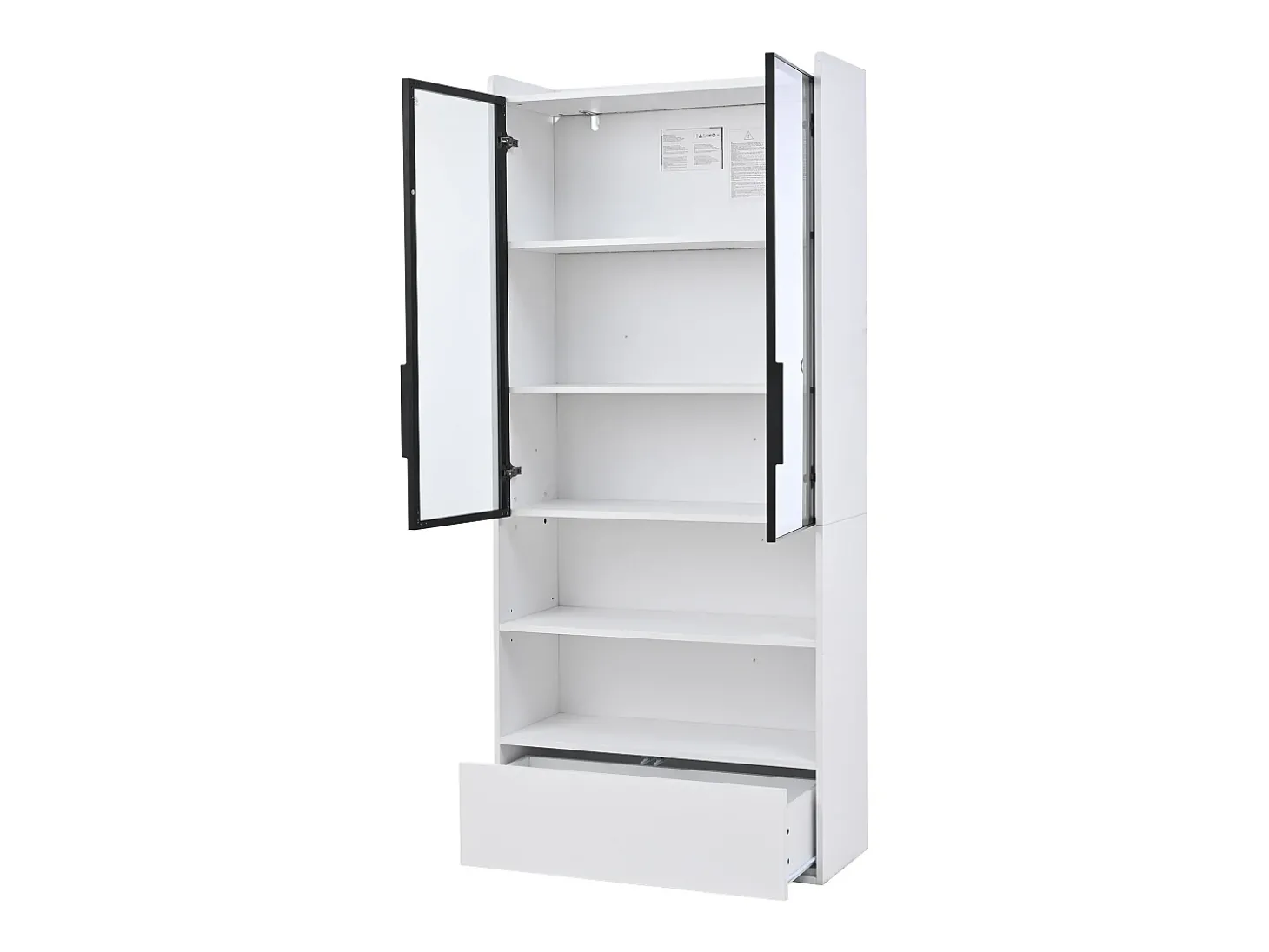 Vitrine alta branca de 80x34x180 cm com gaveta, portas de vidro e iluminação LED.
