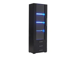 Vitrine alta com 3 gavetas e 1 porta em acrílico, estrutura em MDF lacado preto, LED incluído - 60x35x180cm