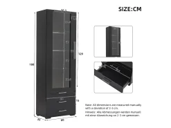Vitrine alta com 3 gavetas e 1 porta em acrílico, estrutura em MDF lacado preto, LED incluído - 60x35x180cm