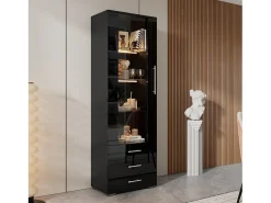 Vitrine alta com 3 gavetas e 1 porta em acrílico, estrutura em MDF lacado preto, LED incluído - 60x35x180cm