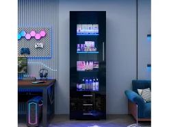 Vitrine alta com 3 gavetas e 1 porta em acrílico, estrutura em MDF lacado preto, LED incluído - 60x35x180cm
