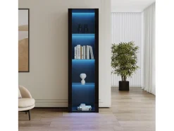 Vitrine alta com 3 prateleiras de vidro, corpo em MDF lacado preto, LED incluído - 55x38x166cm