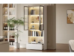 Vitrine alta de vidro - 80 x 34 x 180 cm - com 1 gaveta + portas de vidro + LEDs + prateleira aberta - MDF + vidro - branca