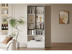 Vitrine alta de vidro - 80 x 34 x 180 cm - com 1 gaveta + portas de vidro + LEDs + prateleira aberta - MDF + vidro - branca