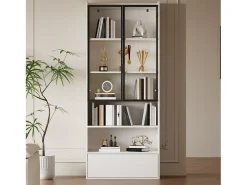 Vitrine alta de vidro - 80 x 34 x 180 cm - com 1 gaveta + portas de vidro + LEDs + prateleira aberta - MDF + vidro - branca