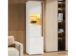 Vitrine alta moderna - 50 x 40 x 179 cm - com LEDs + 4 portas - para sala de estar/escritório - Acrílico + aglomerado - Branco e natural