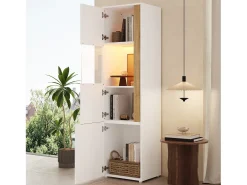 Vitrine alta moderna - 50 x 40 x 179 cm - com LEDs + 4 portas - para sala de estar/escritório - Acrílico + aglomerado - Branco e natural
