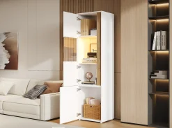 Vitrine alta moderna - 50 x 40 x 179 cm - com LEDs + 4 portas - para sala de estar/escritório - Acrílico + aglomerado - Branco e natural