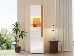 Vitrine alta moderna - 50 x 40 x 179 cm - com LEDs + 4 portas - para sala de estar/escritório - Acrílico + aglomerado - Branco e natural