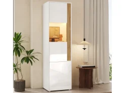 Vitrine alta moderna - 50 x 40 x 179 cm - com LEDs + 4 portas - para sala de estar/escritório - Acrílico + aglomerado - Branco e natural