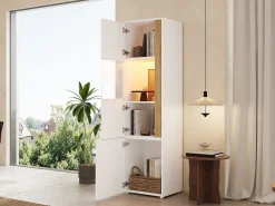 Vitrine alta moderna - 50 x 40 x 179 cm - com LEDs + 4 portas - para sala de estar/escritório - Acrílico + aglomerado - Branco e natural