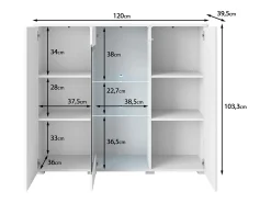 Vitrine alta moderna 120 cm para sala 3 portas corpo branco mate e frentes branco brilho