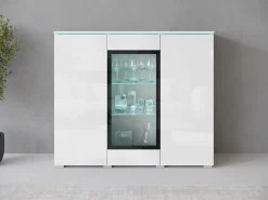 Vitrine alta moderna 120 cm para sala 3 portas corpo branco mate e frentes branco brilho