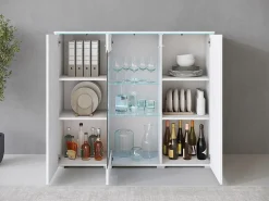 Vitrine alta moderna 120 cm para sala 3 portas corpo branco mate e frentes branco brilho
